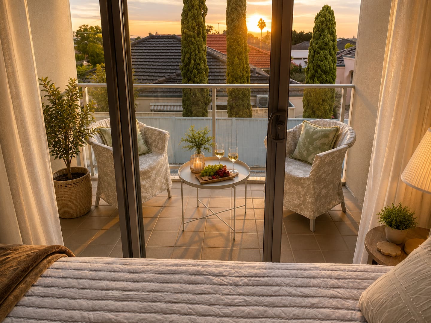 A softly lit bedroom opening onto a balcony at sunset, from our PAUSE listing